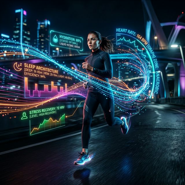 Futuristic data visualization showing complex health metrics