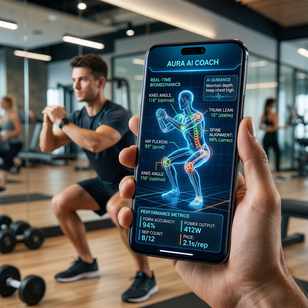 Futuristic AI fitness app interface