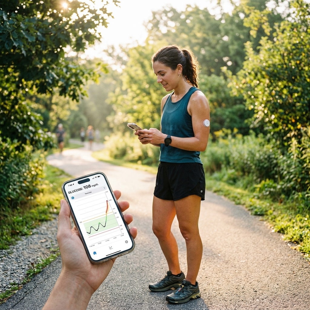 Athlete checking glucose tracking app on smartphone after a morning run, with CGM sensor visible on upper arm