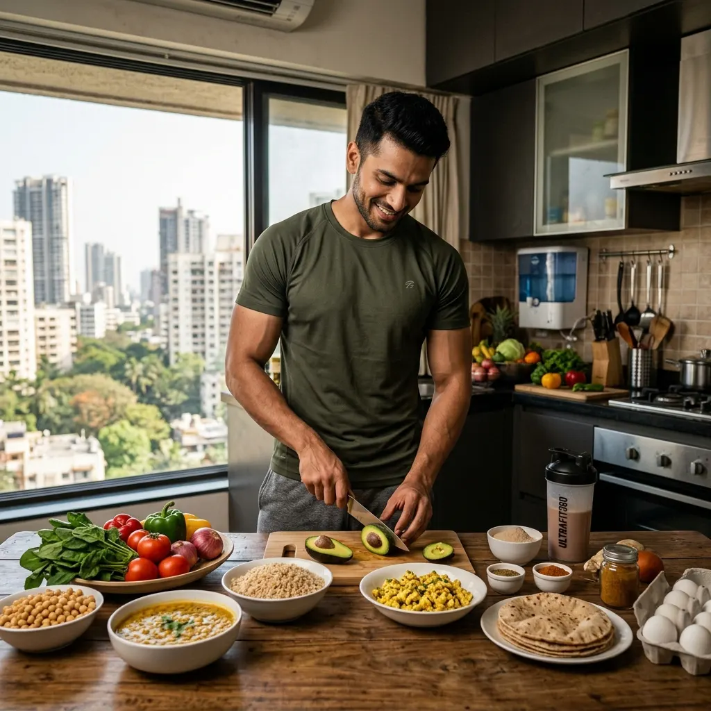 Indian man preparing dal, chickpeas, eggs, rotis and vegetables in a home kitchen