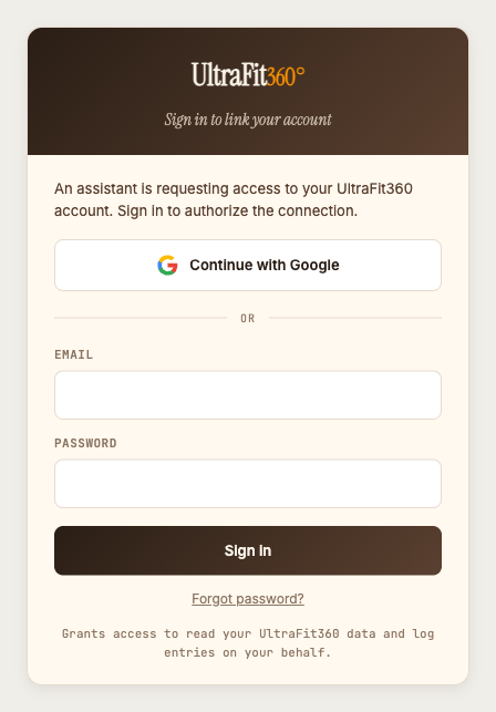 UltraFit360 login screen for connecting ChatGPT
