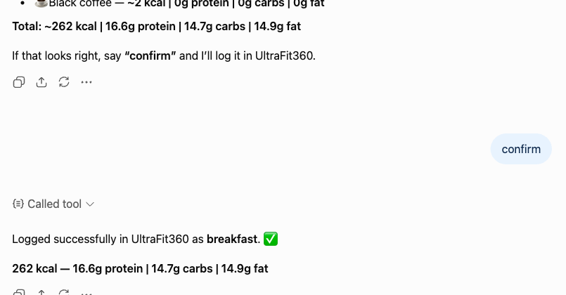 ChatGPT estimating macros and logging a meal to UltraFit360