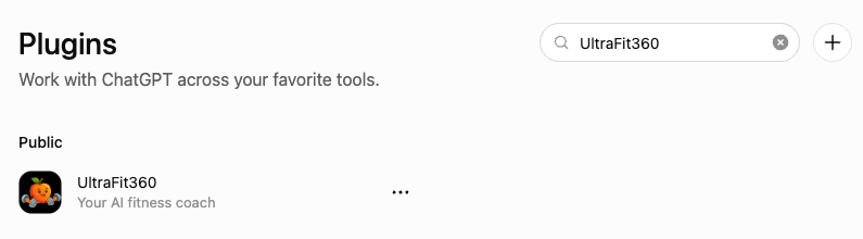 Searching for UltraFit360 in the ChatGPT plugin marketplace