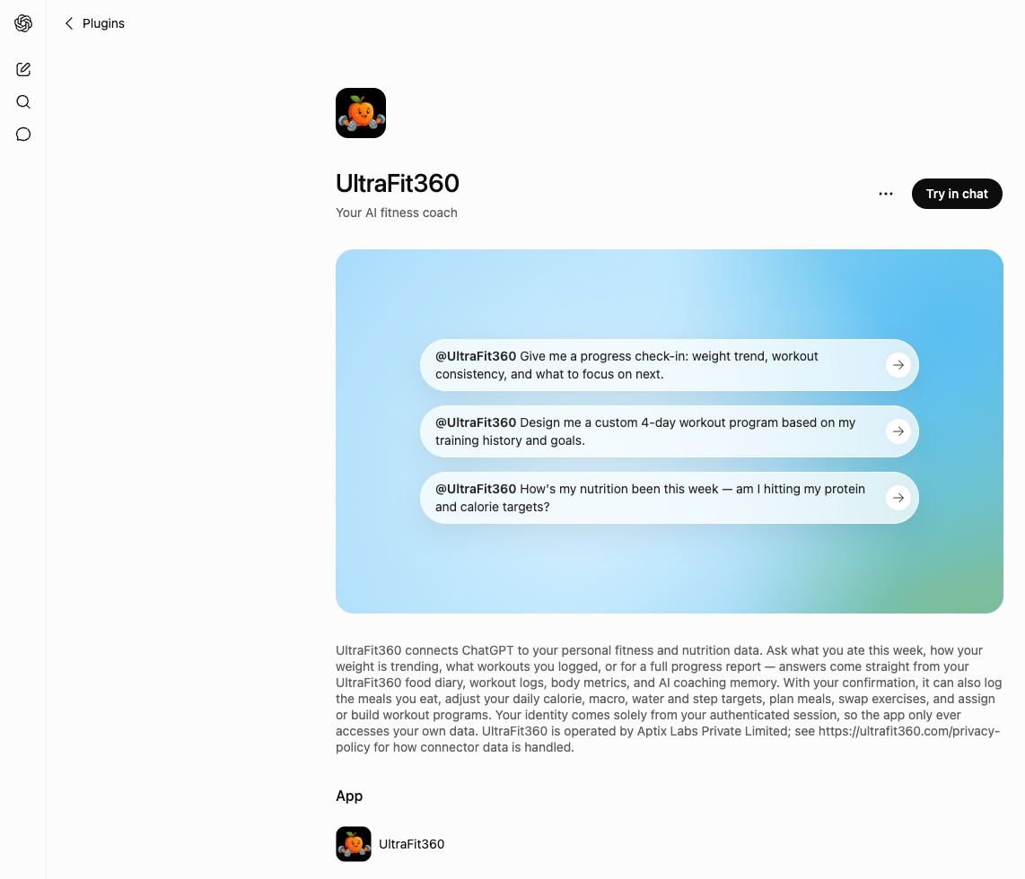 UltraFit360 connector listing page in ChatGPT