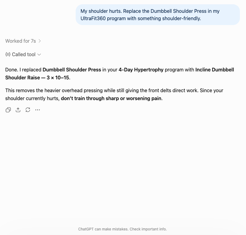 ChatGPT replacing an exercise due to shoulder pain