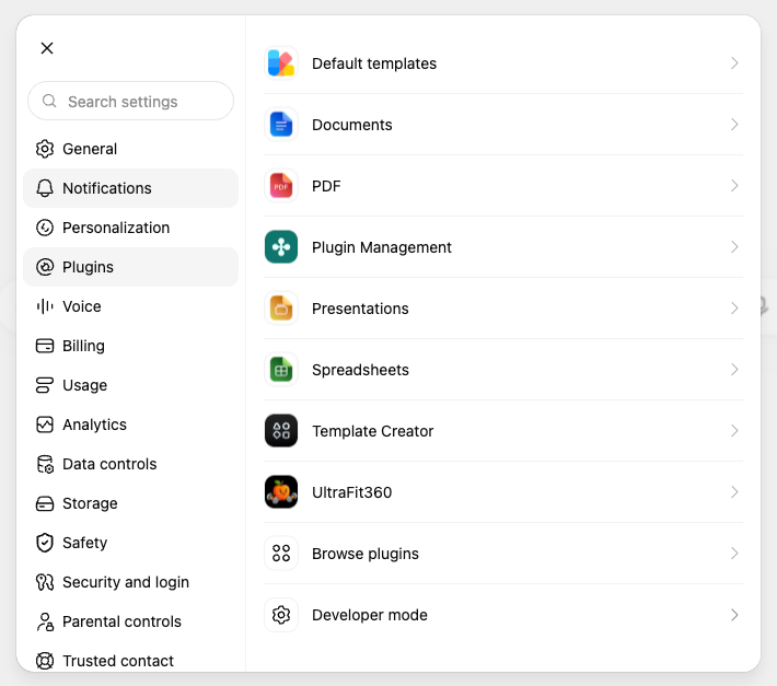 UltraFit360 listed in ChatGPT Settings under installed plugins