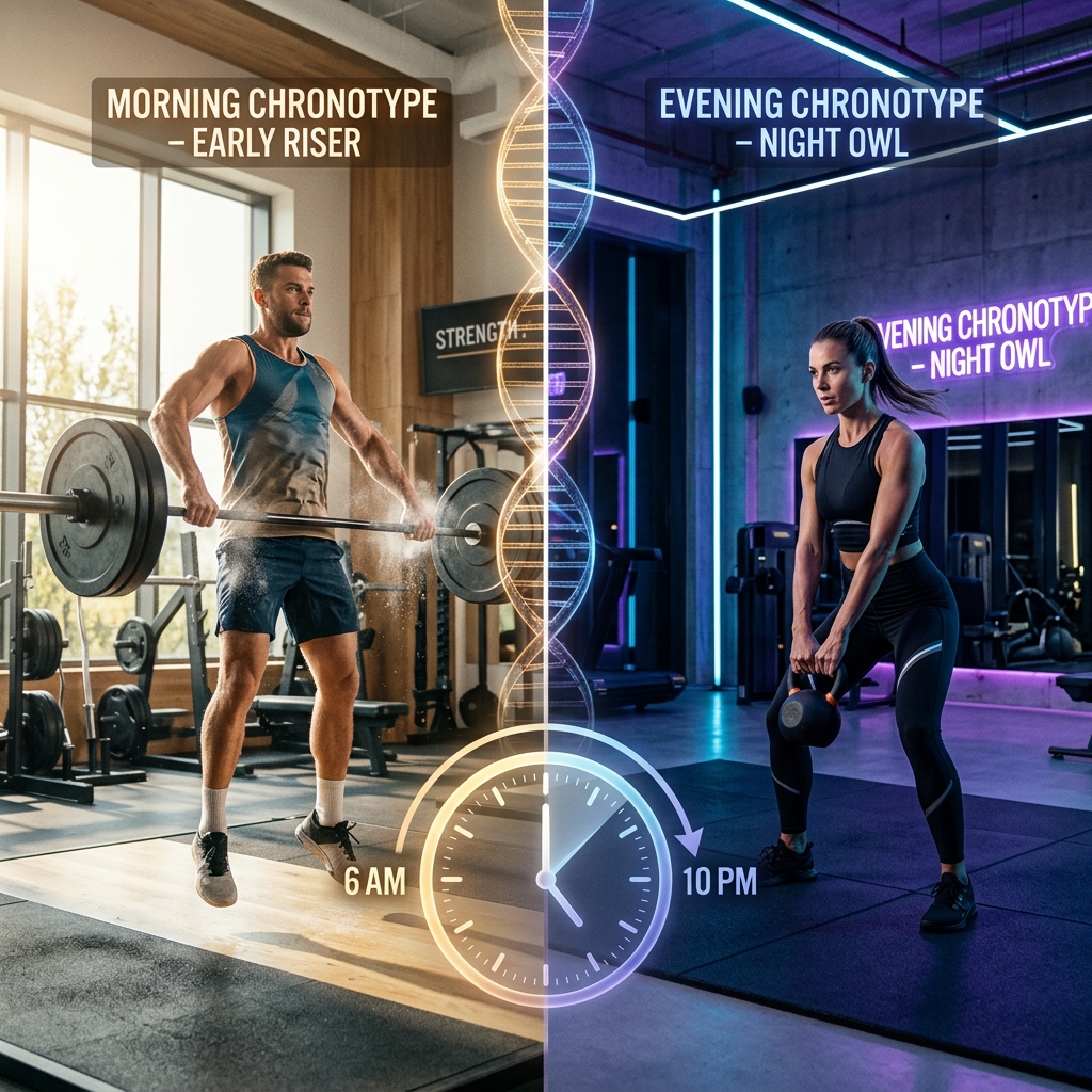 Split screen showing morning and evening workout environments with a DNA helix and circadian clock