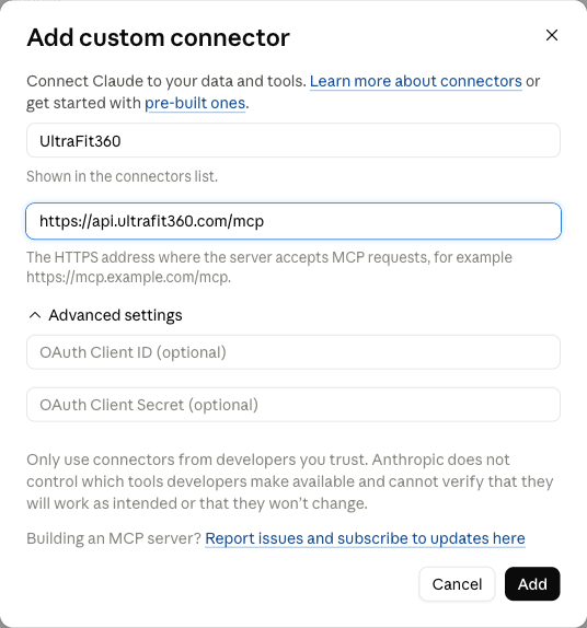 Adding UltraFit360 as a custom connector in Claude