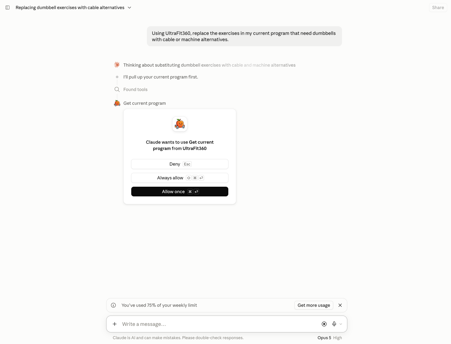Claude asking for permission before reading UltraFit360 data