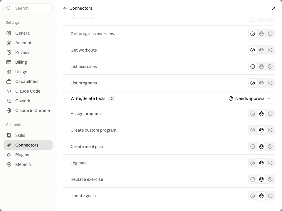 Claude connector settings showing per-tool permissions