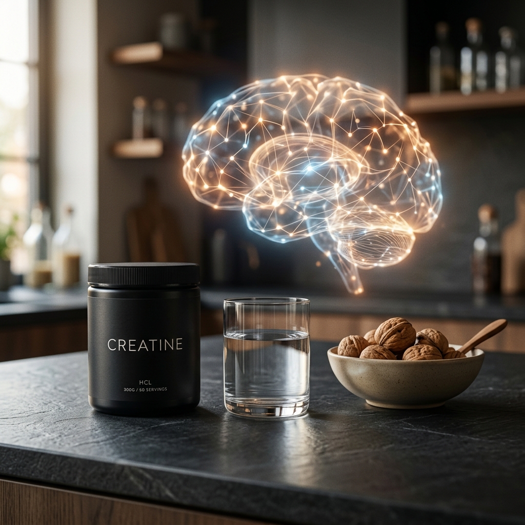 Sleek black Creatine jar on a countertop with a glowing abstract brain neural network