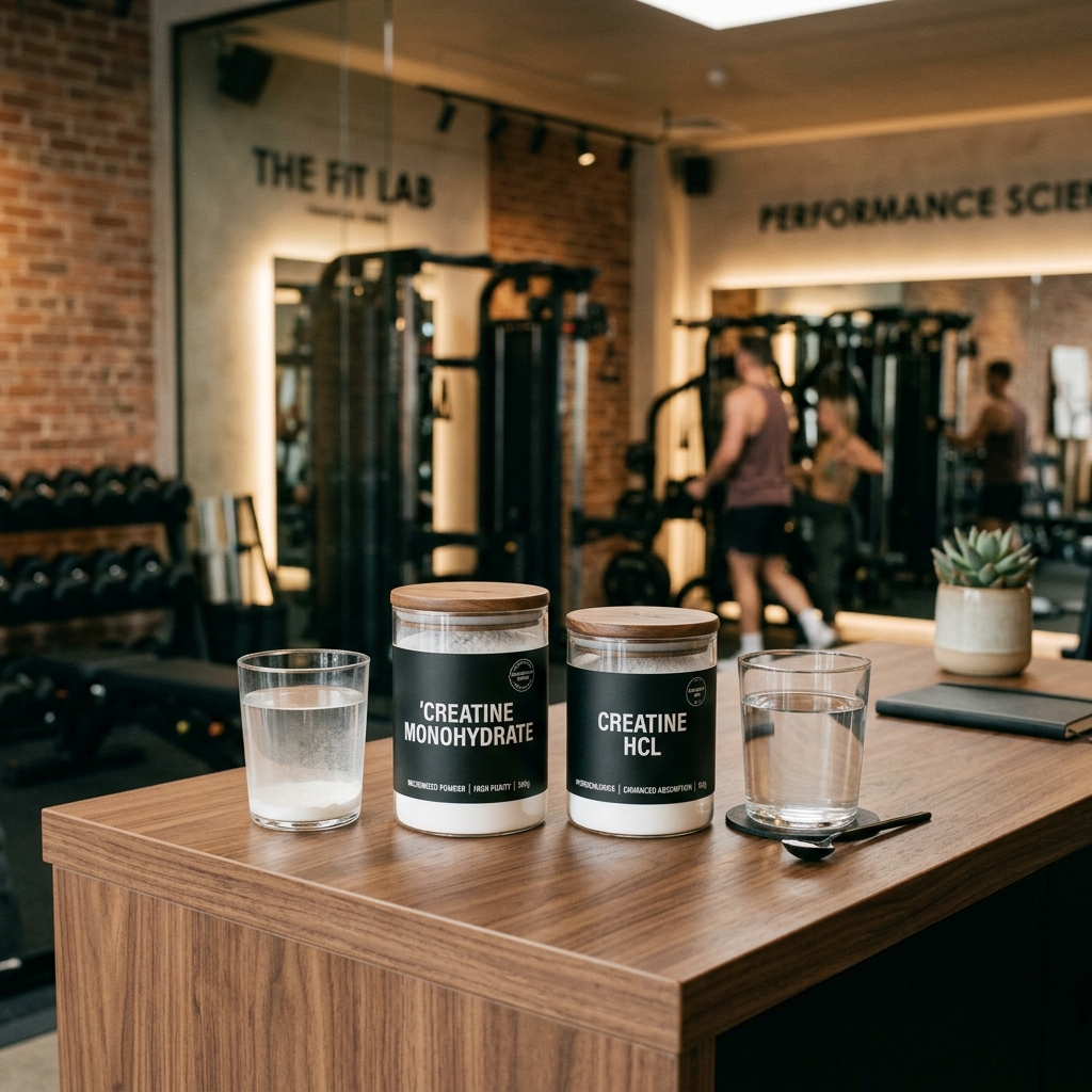 Two athletic supplement jars labeled Creatine Monohydrate and Creatine HCL on a counter in a gym