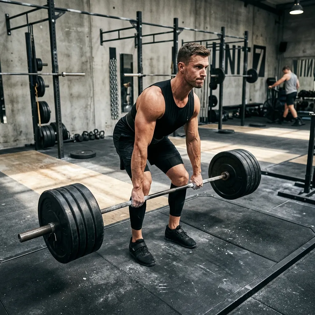 Lifter setting up for a heavy barbell deadlift in a gym