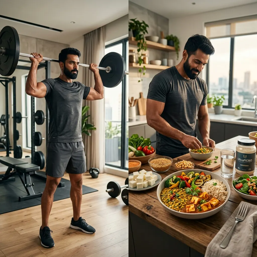 Indian man lifting weights and preparing a high-protein dal, paneer and rice meal