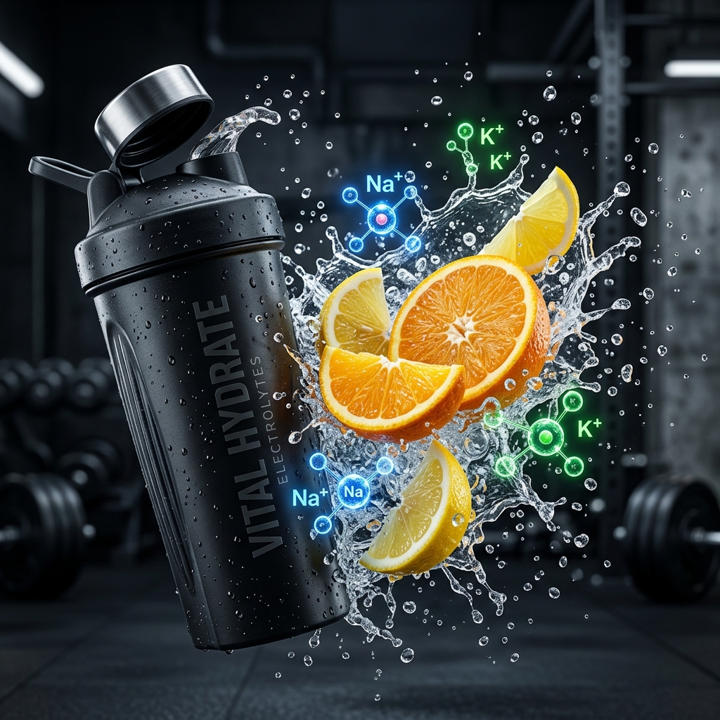 Sleek sports shaker and vibrant citrus slices splashing in pure mineral water with glowing sodium potassium labels