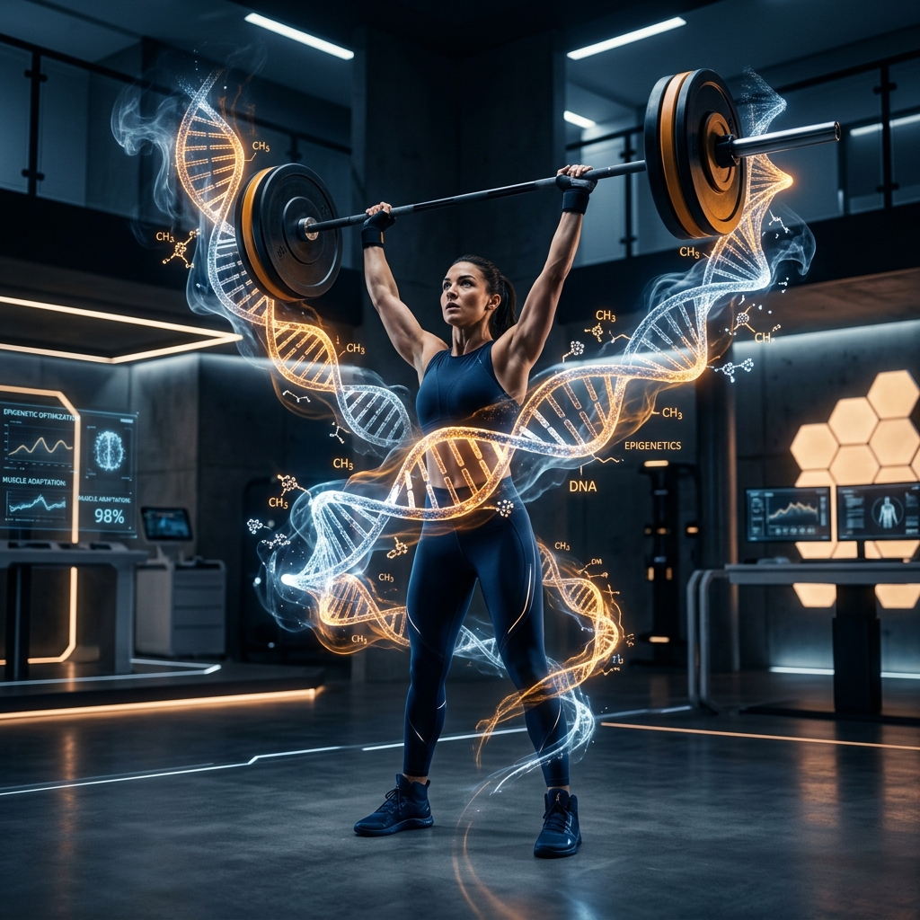 Futuristic image showing an athlete surrounded by glowing DNA and methylation marks in a high-tech lab setting