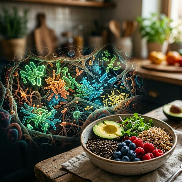Microscopic view of gut bacteria mixed with high-fiber whole foods
