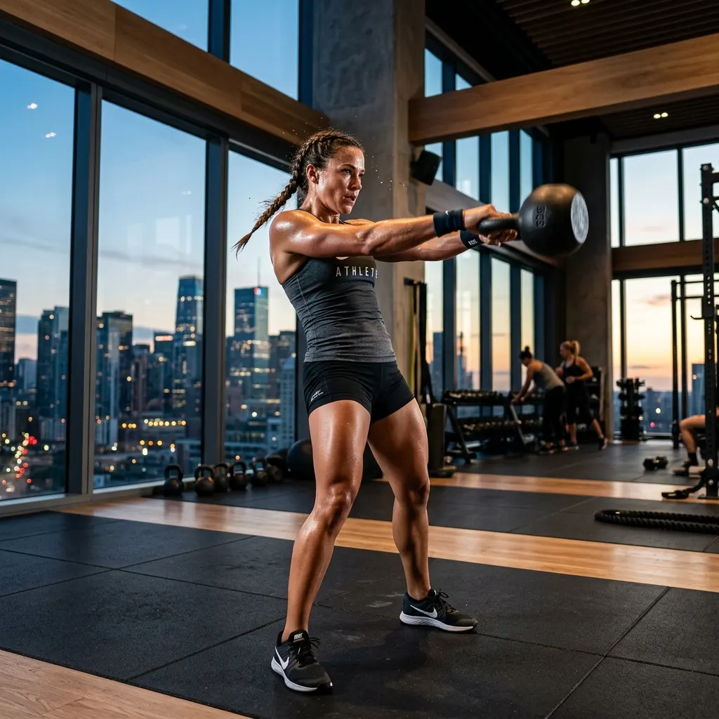 Lean athlete training with a kettlebell in a gym