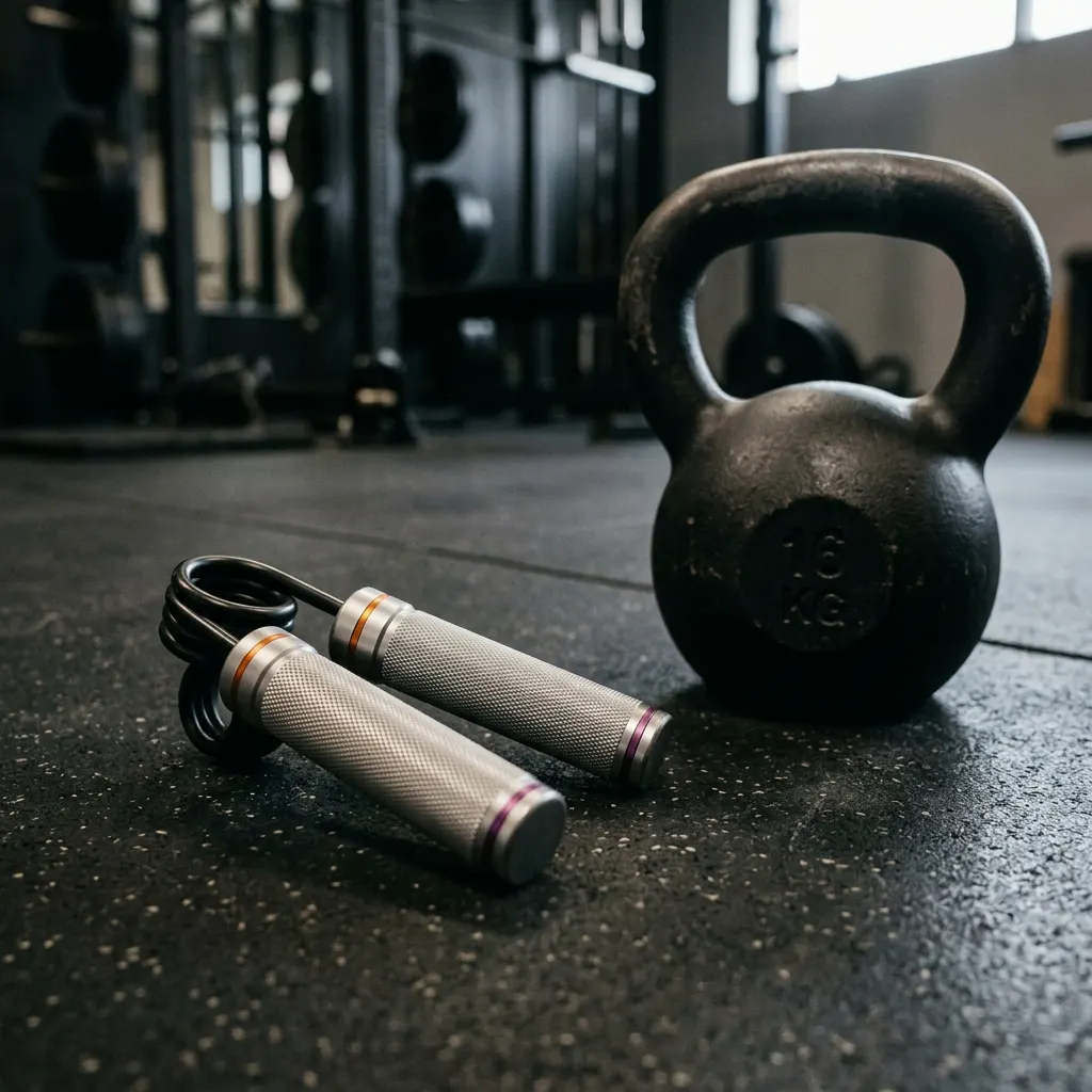 Kettlebell and grip trainer on a gym floor