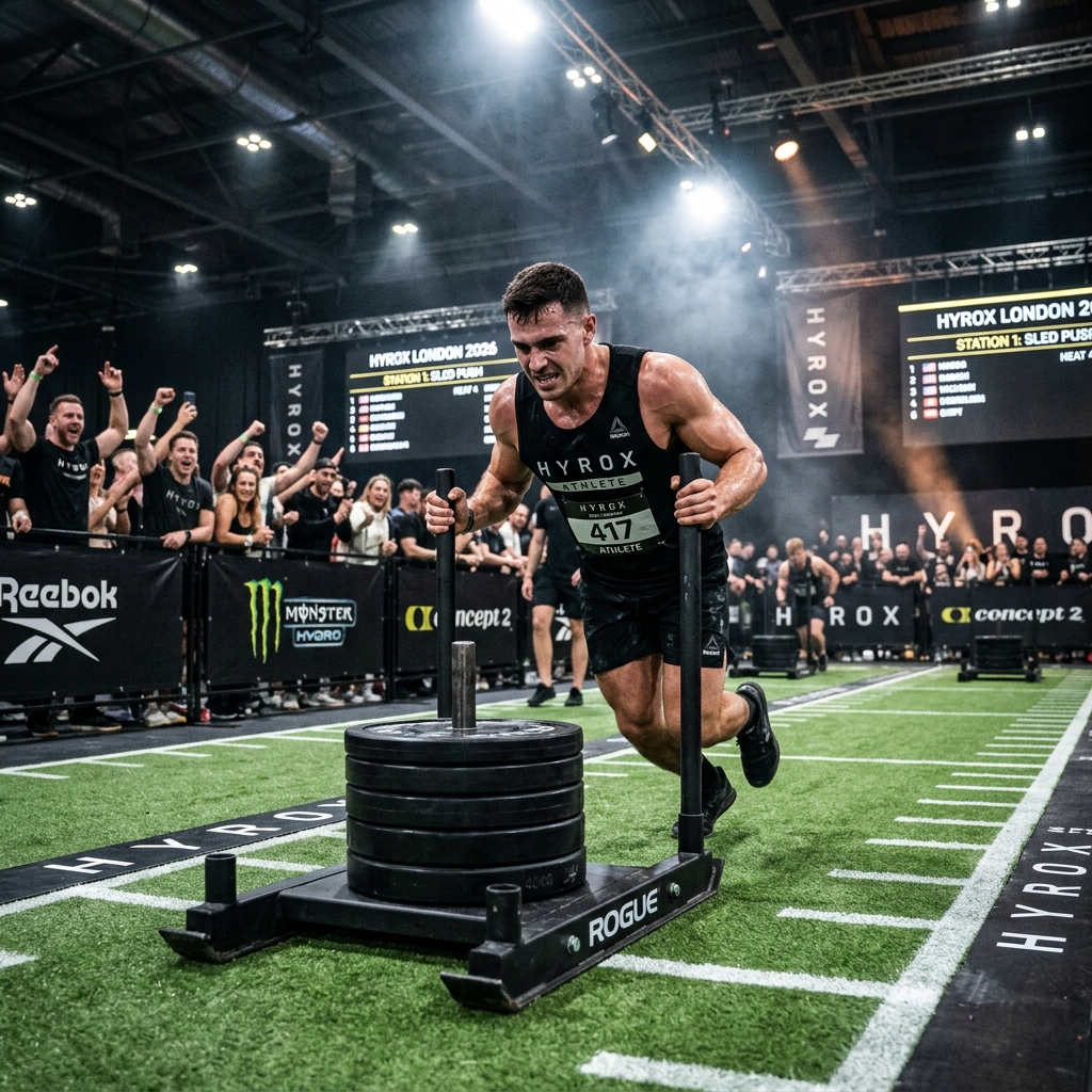 Athlete performing a heavy sled push at a Hyrox competition