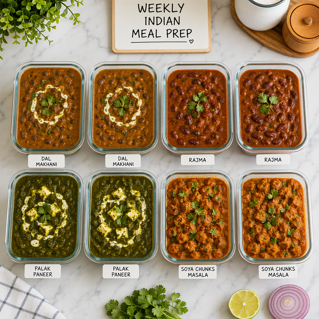 Weekly Indian meal prep layout with dal makhani, rajma, palak paneer and soya chunks in labelled glass containers
