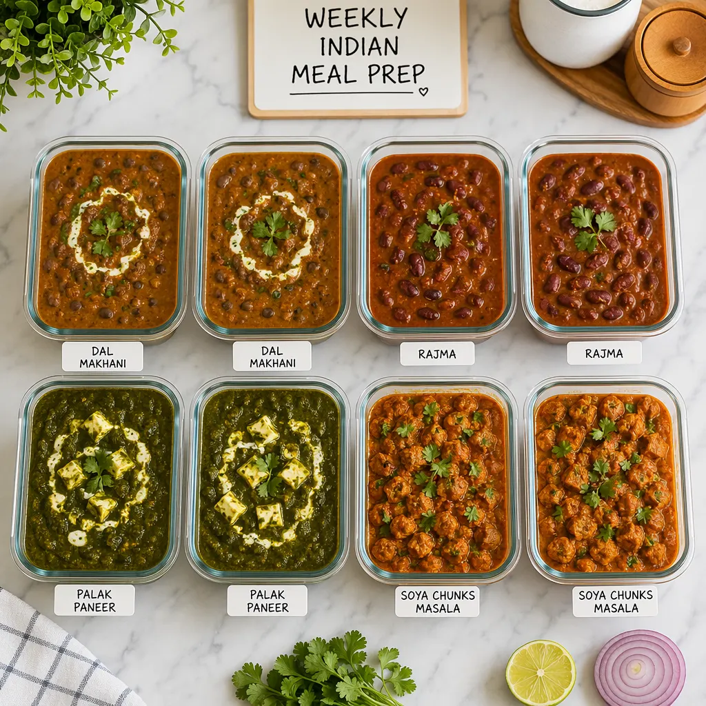 Meal-prep containers of dal makhani, rajma, palak paneer and soya chunks masala