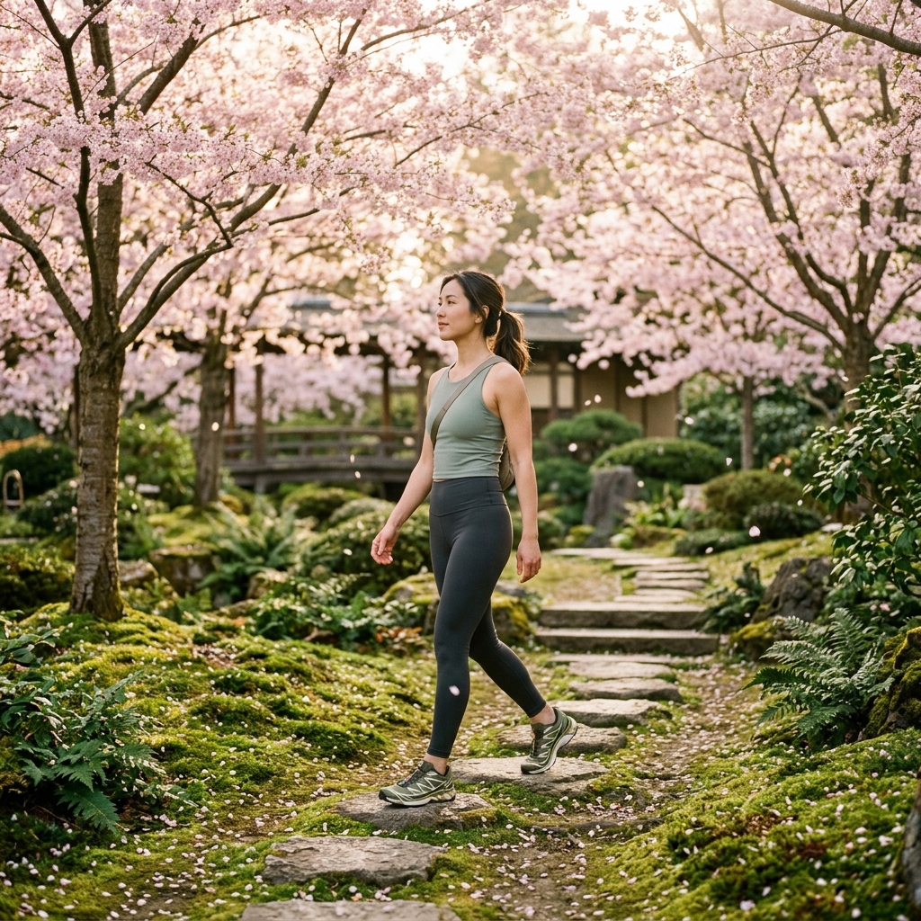 Person walking mindfully on a Japanese garden path surrounded by cherry blossom trees