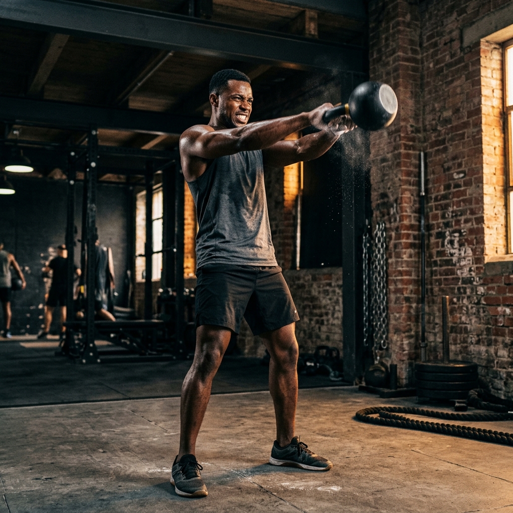 Athlete performing a powerful kettlebell swing in an industrial gym with dramatic lighting