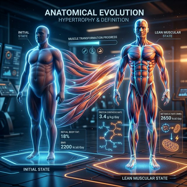 Anatomical 3D model showing muscle preservation and fat loss transition