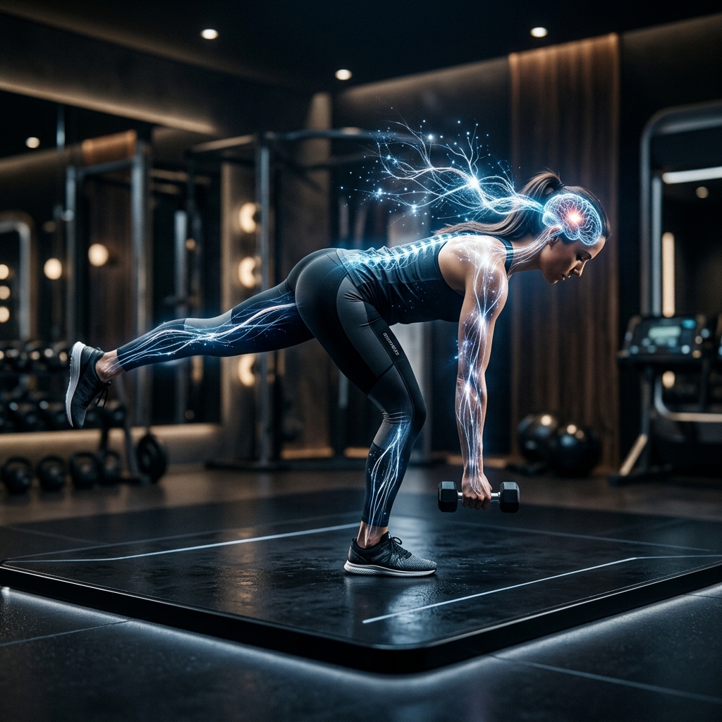 Athlete performing a unilateral balance pose with glowing neural pathways flowing through their body