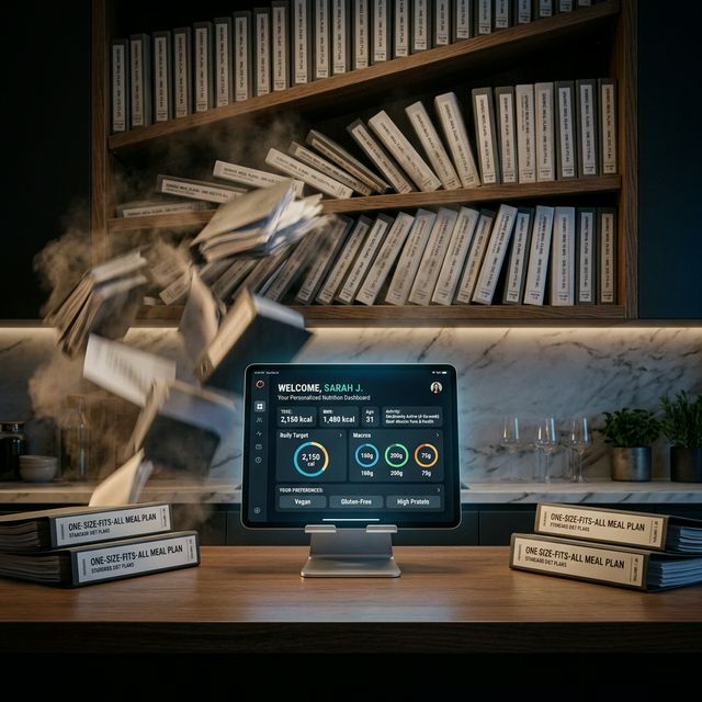 Generic meal plan binders being replaced by a personalized digital dashboard