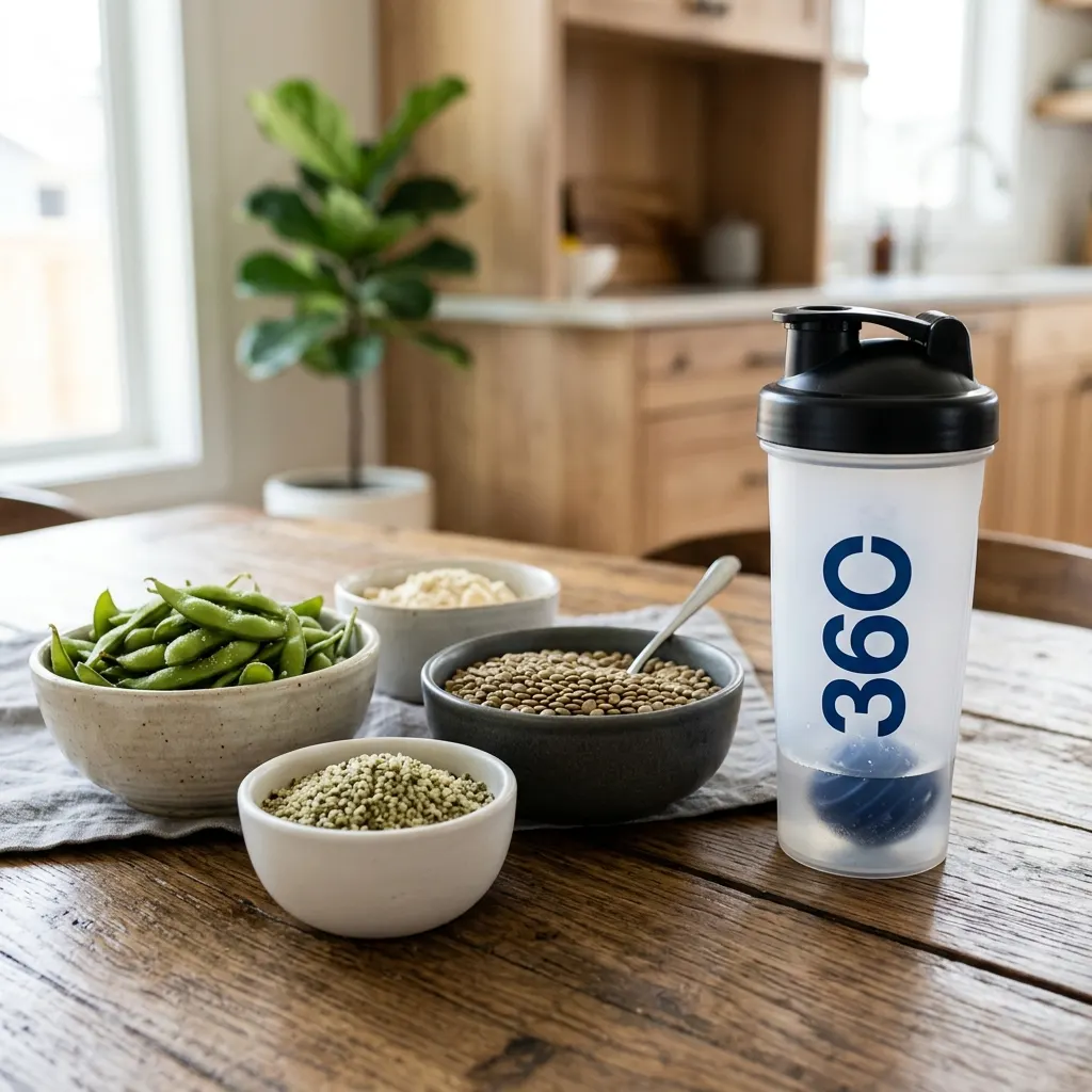 Bowls of edamame, lentils and seeds next to a protein shaker on a kitchen table