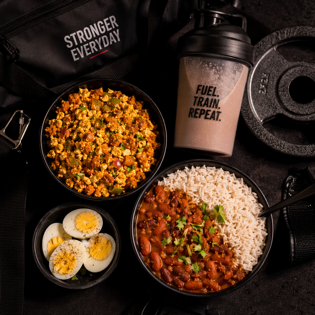 Post-workout Indian meal flat lay — paneer bhurji, boiled eggs, protein shake and rajma rice