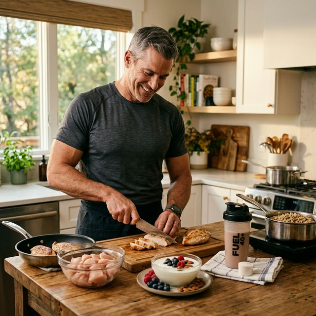 Fit man over 40 preparing protein-rich meal