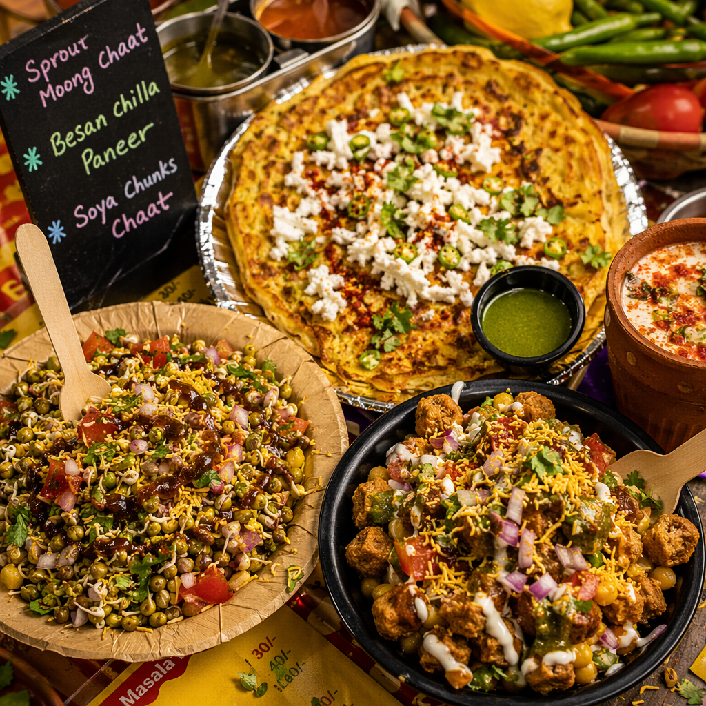High-protein Indian street food spread — sprouted moong chaat, besan chilla and soya chunk chaat