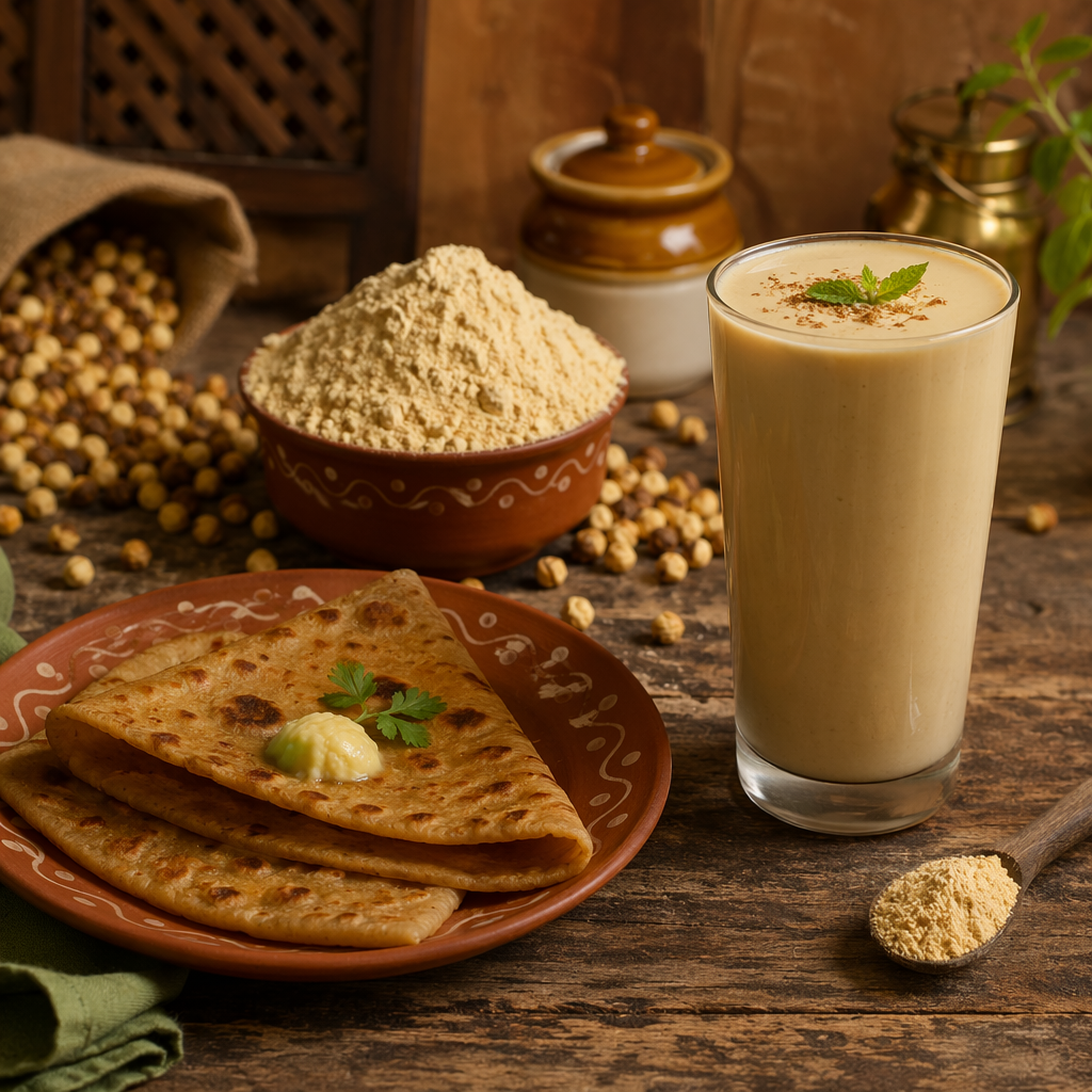 Sattu protein shake, sattu flour with roasted chana, and sattu paratha