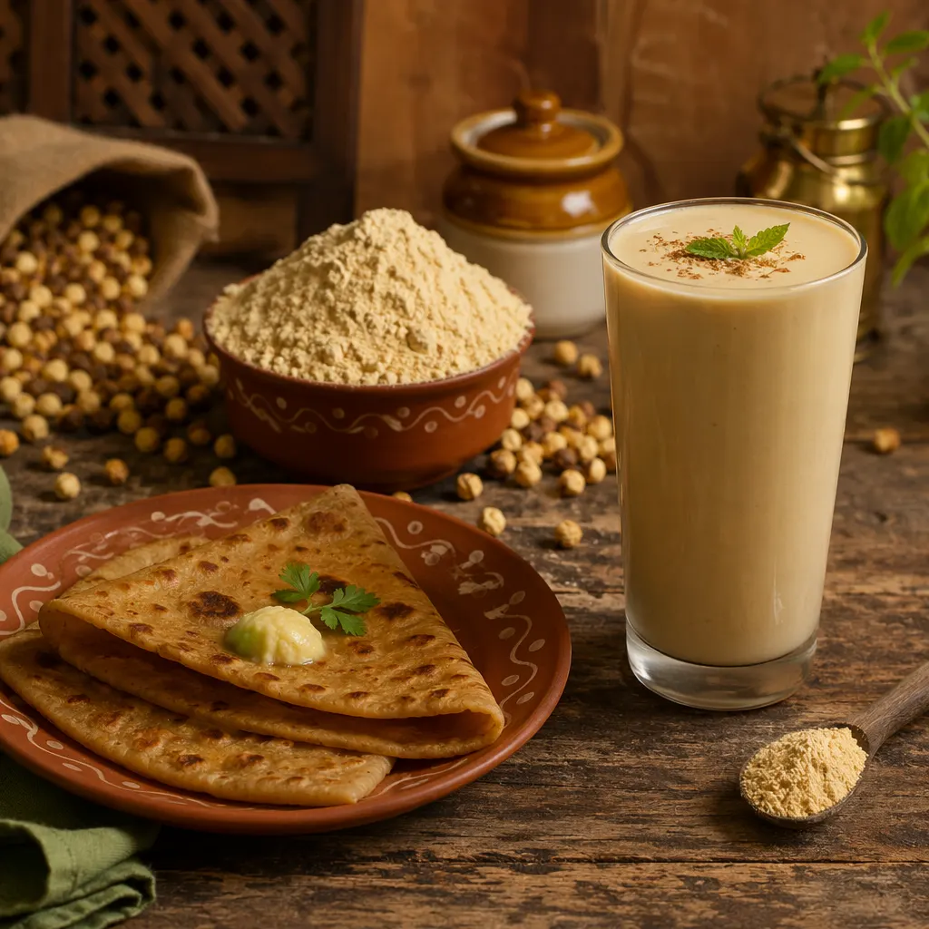 Roasted chana, sattu flour, sattu paratha and a glass of sattu drink
