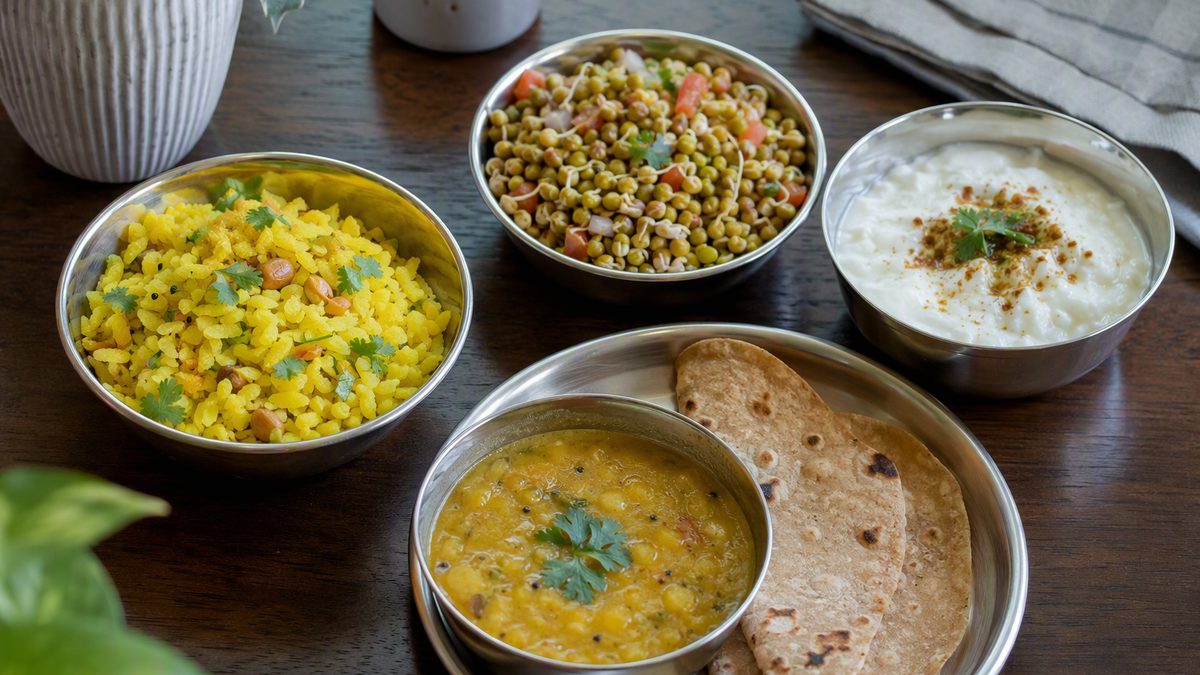 Day of small Indian meals laid out: poha, dal-roti, sprouts, curd