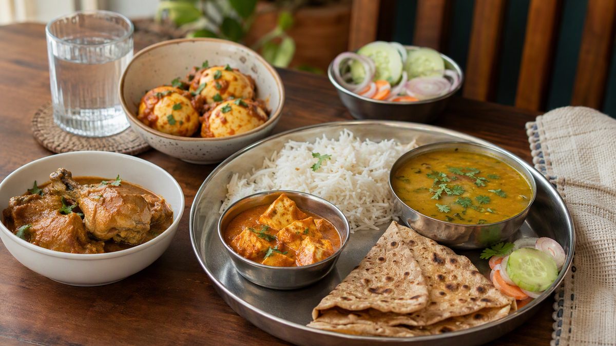 High-protein Indian meals: paneer, eggs/chicken, dal, rice, roti