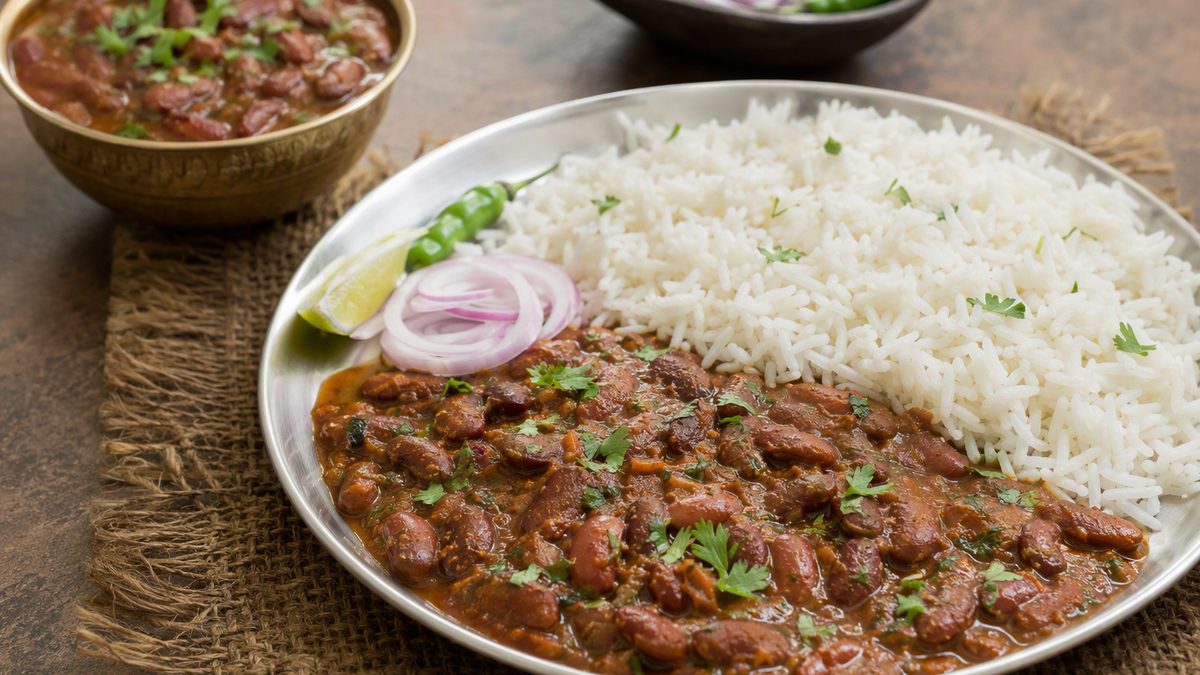 Plate of rajma chawal, katori of rajma curry