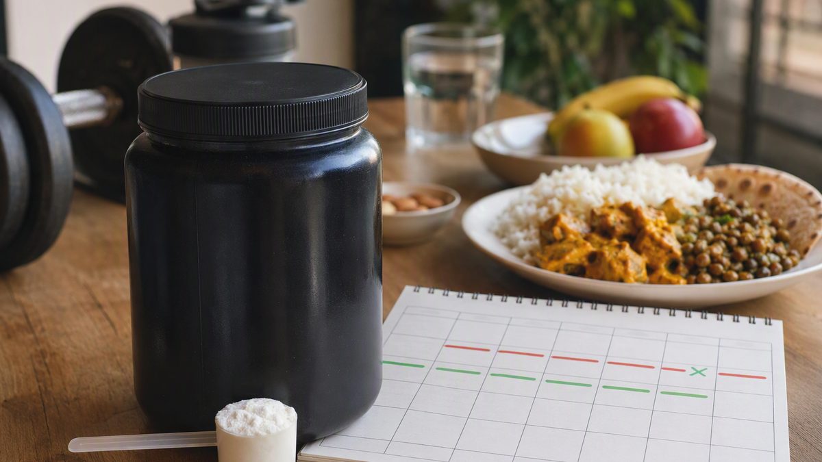 Creatine tub and scoop beside a calendar marking on/off weeks
