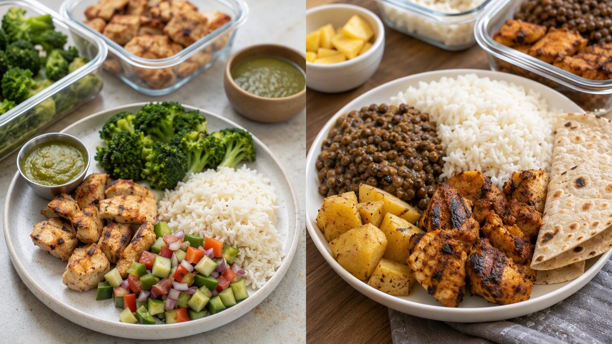 Two meal-prep layouts: lean cut plate vs bigger bulk plate