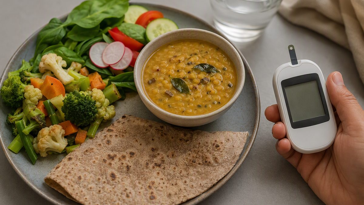 Diabetes plate: half vegetables, dal, millet roti, glucose meter
