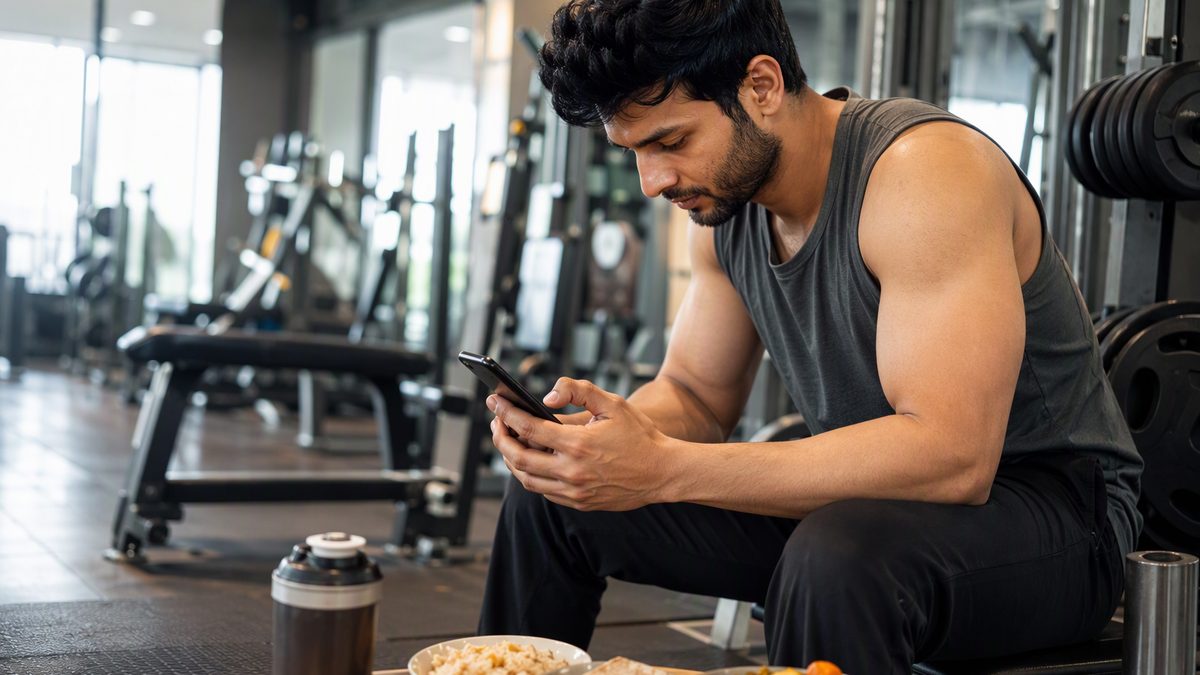Lifter checking a workout app on phone between sets in the gym