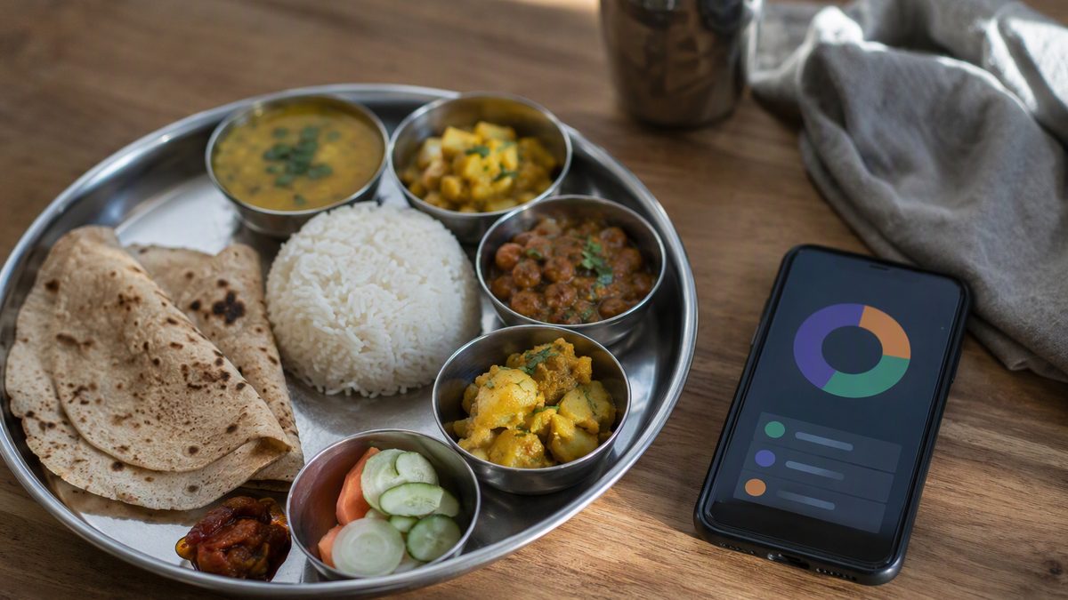 Indian thali next to a phone with a calorie-tracking app