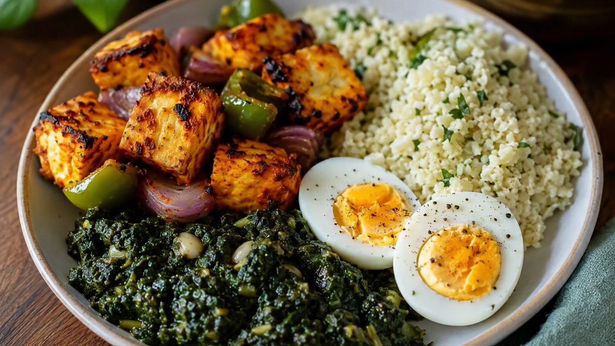 Indian keto plate: paneer tikka, palak, eggs, cauliflower rice