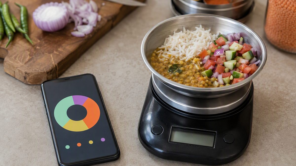 Phone with macro chart beside kitchen scale and weighed food
