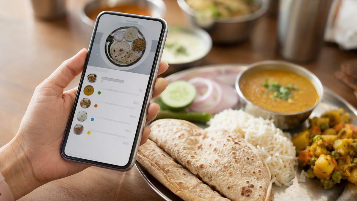 Phone showing a food-logging app beside a plate of Indian food