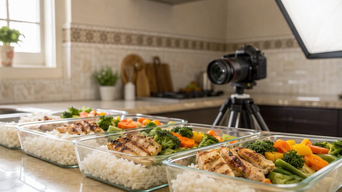 Bodybuilder at a photoshoot under studio lights with meal-prep boxes of rice and chicken