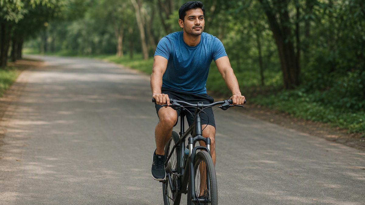 Person doing an easy bike ride on a quiet park road on a recovery day